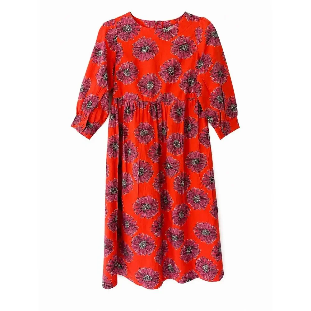 Orange Floral Midi Dress Cottagecore Prairie Empire Waist 3/4 Sleeve Boho S